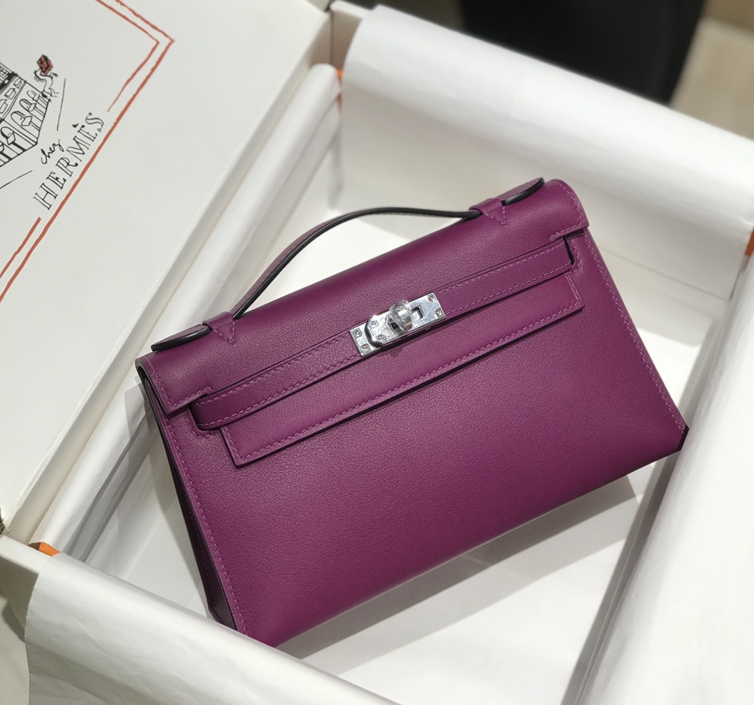 Hermes Mini Kelly Pochette 22cm Bag In Dark Purple Swift Leather